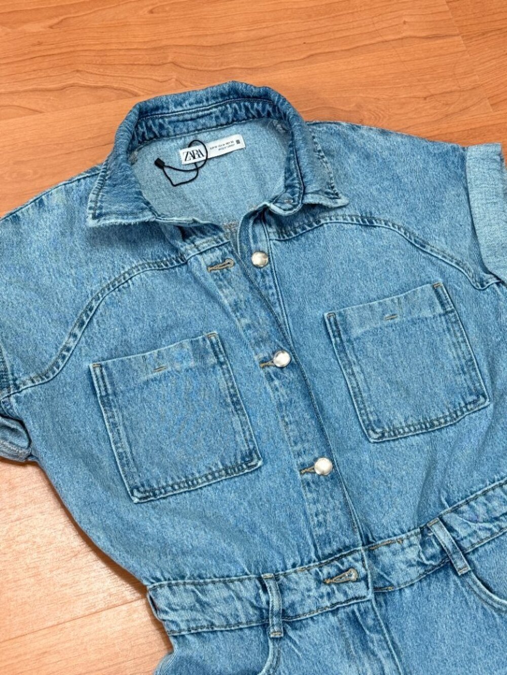 Zara Denim Romper M Button Front Utility Short Sleeve sz M - Picture 3 of 7